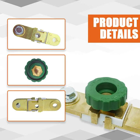 Heavy Duty Side Post Battery Disconnect Switch showing zinc plated copper body and green non-slip handle, ideal for cars and trucks.