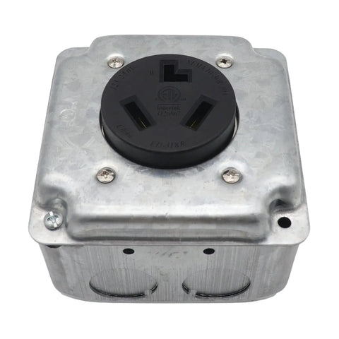 Industrial Grade Nema 10-30R Power Outlet With Surface And Flush Mount Options, galvanized steel receptacle for heavy duty use.