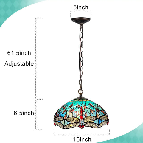 ARTZONE Antique Tiffany Pendant Light Fixture Stained Glass Hanging Lamp, 16 inch wide, adjustable height, detailed dragonfly design.