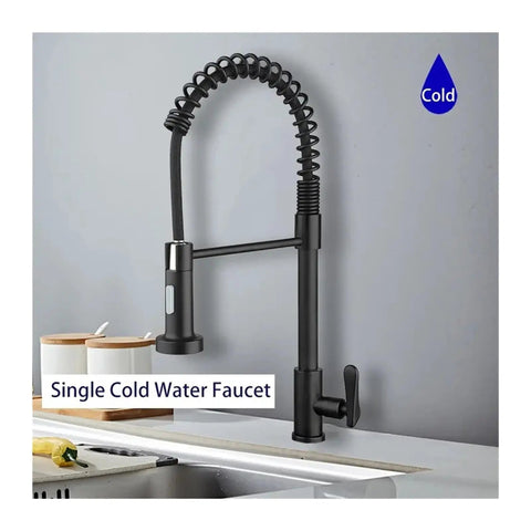 Stainless Steel Kitchen Faucet with Wall-Mounted Spray, Single Handle Cold Water Sink Tap for Top Mount Kitchen Sinks, Design for Modern Kitchens, black hose with spray head.
