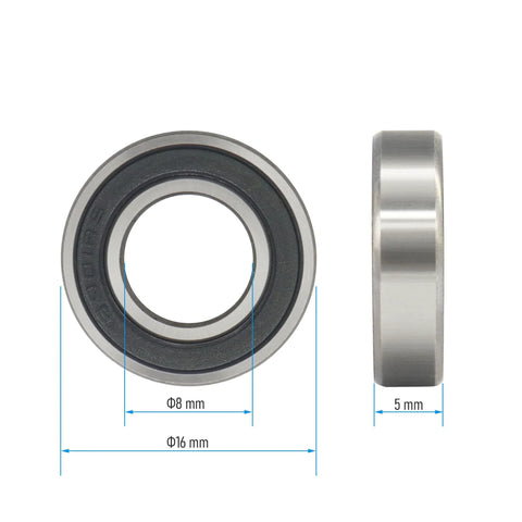 Front view of deep groove ball bearing 8x16x5 mm with black rubber seal, chrome steel