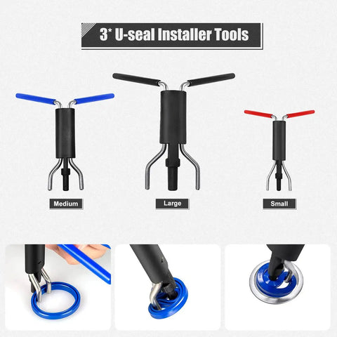 All In One Hydraulic Cylinder Repair Kit Pro Grade With Adjustable Gland Nut Wrench Seal Twistors Install Tools Piston Hone Seal Puller Ring Compressor And Pick Set For Loaders And Backhoes showing U-seal installer tools in medium, large, and small sizes