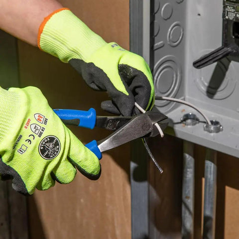 Person using Heavy Duty 8 Inch Diagonal Cutting Pliers With Angled Head For Tight Spaces High Leverage Cutter on electrical wire.