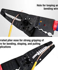 Close-up of 8 Inch Self-Adjusting Wire Stripper Set 3-In-1 Tool For Stripping Cutting And Crimping showing serrated plier nose
