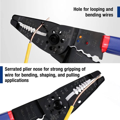 Close-up of 8 Inch Self-Adjusting Wire Stripper Set 3-In-1 Tool For Stripping Cutting And Crimping showing serrated plier nose