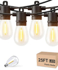 Outdoor LED String Lights 25 Ft Waterproof IP65 with warm white shatterproof bulbs and packaging box for patio cafes.