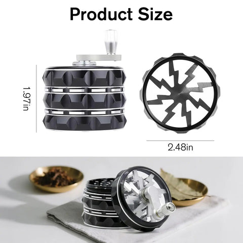 Portable 2.5 Inch Hand Crank Grinder With Clear Top Cover, Large Aluminum Alloy Manual Grinder, Black Finish, Side and Top View