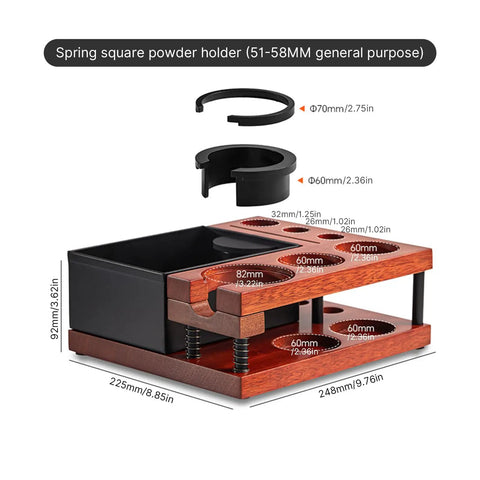 Keep Your Shot Prep Crisp With This Solid Tiered Espresso Tamper Station And Knock Box Organizer Universal 51 To 58 Millimeter Portafilter Holder showcasing a spring square powder holder.
