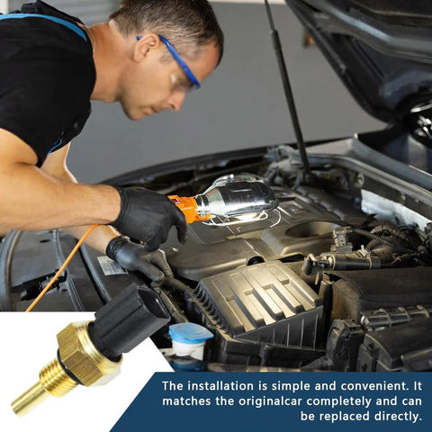 Coolant temperature sensor installed in engine bay; inset shows brass sensor.