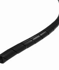 Close-up of black one inch spiral cable wrap for easy cable management, made from expandable polyethylene, 10 feet long, abrasion protection.