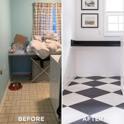Water-Based Floor Coating Kit For Home Interiors Semi-Gloss Black Easy DIY Upgrade That Adheres Without Stripping Sanding Or Priming Works On Tile Ceramic Porcelain Concrete Hardwood Laminate Vinyl And More Top Coat Included applied on checkered floor in laundry room before after comparison