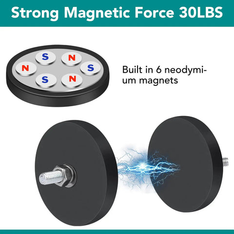 Rubber Coated Neodymium Magnets 30 Lbs Each With 1.69 Inch Circular Base And M5 Assembly Base For Light Bar Mirror Camera Tool 16 Pack Heavy Duty Magnetic Magnets Set showing strong force and built-in magnets.