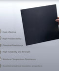 Black Phenolic Sheets Pack Of Three 12x12 Inch Panels 1/8 Inch Thick Laminated Resin Plate Board For Electronics Fixtures DIY Projects Crafts And Pro Grade Crafting. Handheld black sheet with material features.