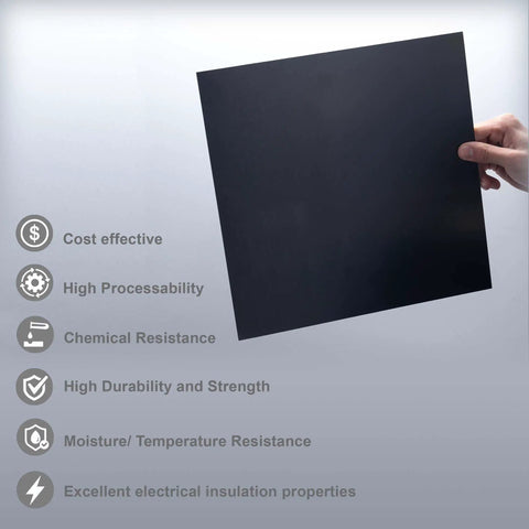 Black Phenolic Sheets Pack Of Three 12x12 Inch Panels 1/8 Inch Thick Laminated Resin Plate Board For Electronics Fixtures DIY Projects Crafts And Pro Grade Crafting. Handheld black sheet with material features.