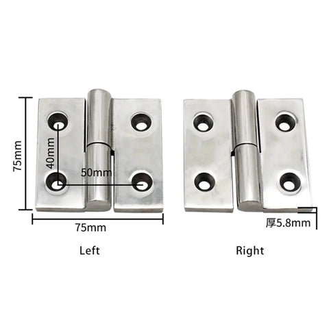 Removable stainless steel hinge pair (left and right), 75mm tall plates; 304 stainless, heavy-duty.