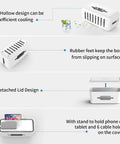 Diagrams of Surge Protector Power Strip With Cable Management Box 6 Outlets And 2 USB Ports with cooling holes, rubber feet, and detachable lid.