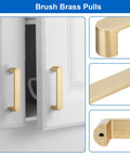 Brushed Brass Cabinet Handles 4 Pack Gold Drawer Pulls installed on white doors, showcasing 3-3/4 Inch 96mm hole spacing and 18mm projection.