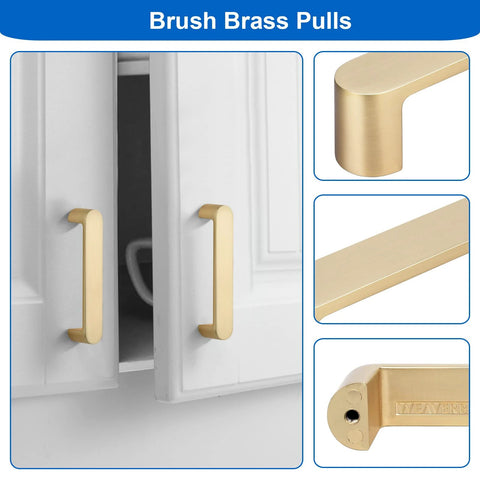 Brushed Brass Cabinet Handles 4 Pack Gold Drawer Pulls installed on white doors, showcasing 3-3/4 Inch 96mm hole spacing and 18mm projection.