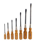 Top Shelf 7 Piece Wood Screwdriver Set With Maine Hardwood Handles And Chrome Vanadium Steel Blades arranged by size against a white background.