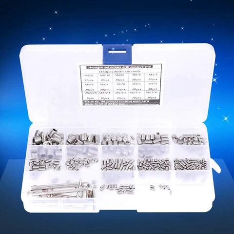 340 Piece Stainless Steel Set Screw Kit With Hex Adapters And Six Wrenches For M2.5 To M8 Machine Screws in storage case