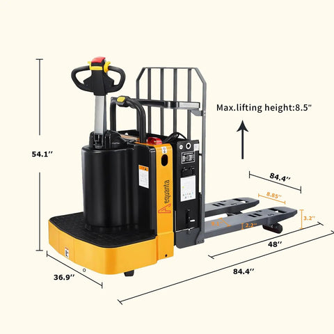 Heavy Duty Electric Ride On Pallet Jack Truck 5500 LB Capacity, dimensions 54.1" height, 84.4" length, designed for warehouse lifting.