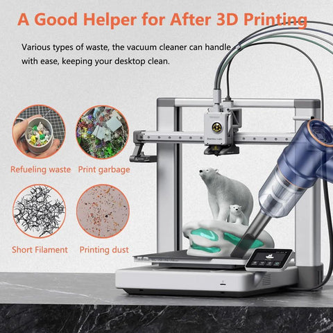 Installed Skouphy blue multifunction vacuum cleaner on a 3D printer, absorbing printing debris and filament dust