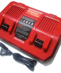 Two Bay 18V Lithium Battery Charger With Lightning Fast One Hour Charge, featuring dual bays and power cord