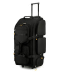 Rolling duffle bag, black 90L — front view with wheels, telescoping handle, and multiple zip pockets