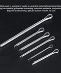 Heavy Duty Split Pin Assortment Kit With 556 Rust Resistant Cotter Pins In Various Sizes For Industrial Machinery And Workshop Projects Inside Large Storage Case displaying several galvanized cotter pins in graduated lengths.