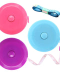 Retractable 60 Inch Tape Measure Set For Sewing, Crafting And DIY, Fiberglass Non Stretch Mini Measuring Tapes With Durable Plastic Case, 3 Pack In Pink Purple Sky Blue visible.