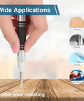 Built Tough Chrome Steel Center Punch Double Pack Adjustable Spring Loaded Hole Marker Scriber in use on wooden surface.
