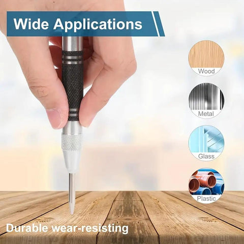 Built Tough Chrome Steel Center Punch Double Pack Adjustable Spring Loaded Hole Marker Scriber in use on wooden surface.