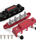 Tough Custom 12V Power Distribution Block With 5/16 Inch Studs And Secure Cover Rock Solid 4 Stud Bus Bar Terminal Kit For Cars Boats And Trucks Plug And Play Red Black Pair components and screws arrangement.