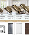 Various sizes of magnetic cabinet catches displayed with measurements for cupboard, wine cabinet, wardrobe, and room door usage.