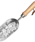 Beefy Capacity Garden Scoop Stainless Steel Soil Shovel holding ice cubes, with Durable Beech Handle for garden and home use.