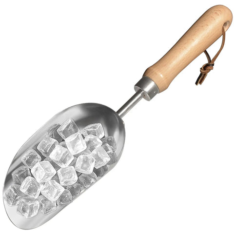 Beefy Capacity Garden Scoop Stainless Steel Soil Shovel holding ice cubes, with Durable Beech Handle for garden and home use.