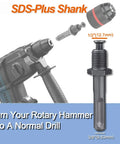 Keyless Drill Chuck Adapter Kit 1/2-20UNF With SDS-Plus Shank displayed with rotary hammer and adapter pieces.