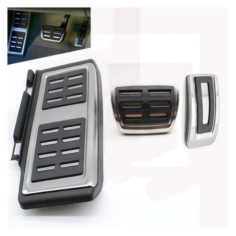 Pro Stainless Steel Pedal Covers With Super Grippy Rubber Pads For Vw Passat B8 Golf 7 Tiguan T Roc Anti Slip Gas Brake And Clutch Kit in silver and black.