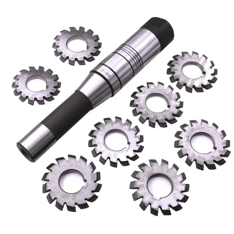 PA14 14.5 Degree Involute Gear Cutter Set With 22mm Bore And R8 Shank Milling Arbor Holder, Eight Piece No. 1 Through No. 8 High Speed Steel Gear