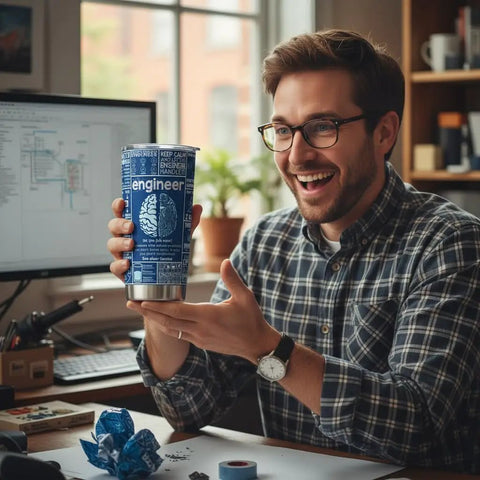 Man holding 20 Oz Engineer Tumbler With Stainless Steel Insulated Cup For Engineers And Gearheads, Durable Coffee Cup.