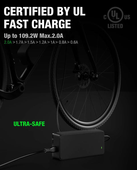 Straight Up Fast 54.6V 2A Ebike Charger For 48V Lithium Battery Quick Charge Adapter with UL certification beside a bike wheel.