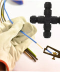 Gloved hand preparing cable for Waterproof Cable Gland Connector Kit For Outdoor Use With Strain Relief Joint, Durable Brass Nickel-Plated Glands, Easy Install, Works With Most Cables And Construction Projects, Weatherproof And Long-Lasting