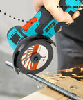 Hassle Free 12V Cordless Mini Angle Grinder And Polishing Machine With 16mm Disc Bore cutting metal rebar with sparks flying.
