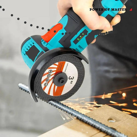 Hassle Free 12V Cordless Mini Angle Grinder And Polishing Machine With 16mm Disc Bore cutting metal rebar with sparks flying.