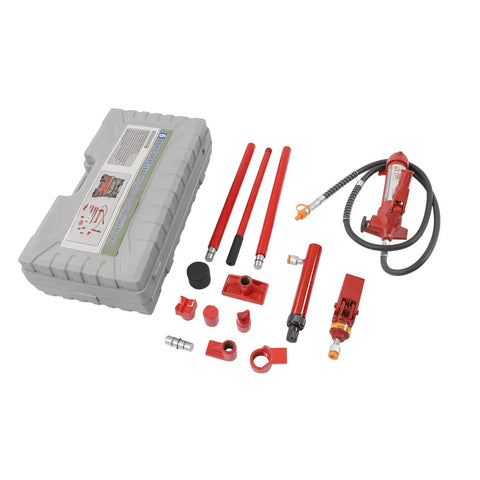 Heavy Duty Hydraulic Jack And Auto Body Frame Straightener Kit With Secure Carry Case including tools and pump.