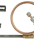 Front view of a 30-inch copper thermocouple with brass fittings and mounting hardware for furnaces, boilers, and water heaters