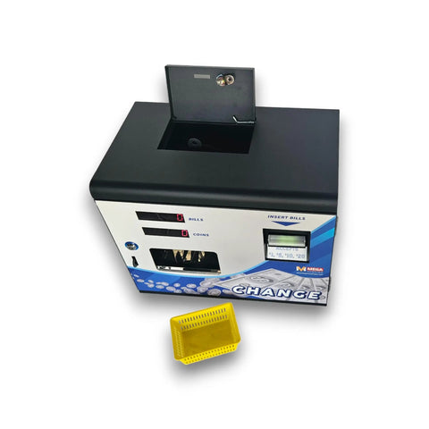 Dollar Bill To Coin Change Machine Black For Laundromats, Arcades And Vending Spots, front view with open top cover and yellow basket