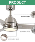 52-Inch Brushed Nickel Ceiling Fan With Remote Control And Dimmable LED Light, 3 Blades, features and close up details shown.