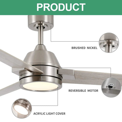 52-Inch Brushed Nickel Ceiling Fan With Remote Control And Dimmable LED Light, 3 Blades, features and close up details shown.