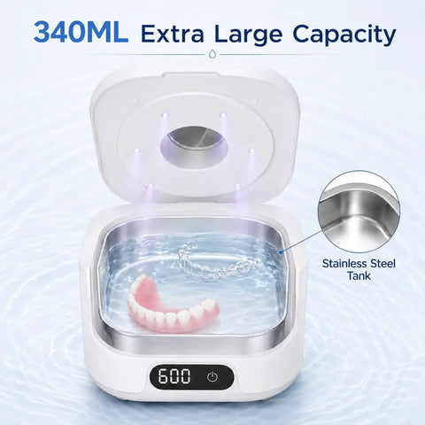 Retainer Cleaner With UV Light And 49kHz Ultrasonic Deep Cleaning Digital Timer 340ml Stainless Steel Tank shown open